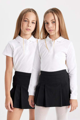 Облегающая школьная футболка из двух предметов из пике с воротником-поло для девочек