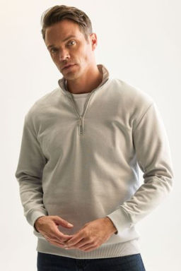 Gri 3 Iplik Pamuklu Sardonlu Ici Polarl? Comfort Regular Fit Rahat Kal?p Dik Yaka Fermuarl? Kal?n Sweatshirt