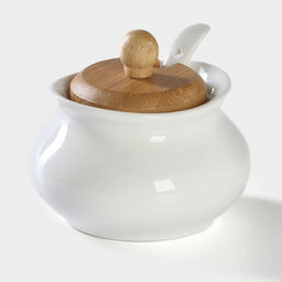 Сахарница фарфоровая с ложкой на деревянной подставке BellaTenero, 170 мл, цвет белый  фото 9