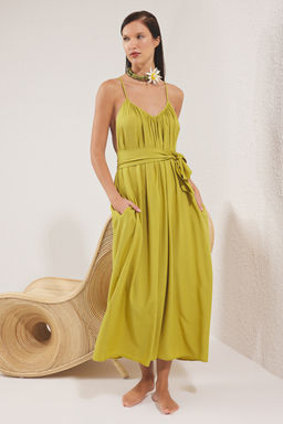 Koyu Yag Yesili Dokuma Buzgulu Maxi Plaj Elbise TBESS25EL00086