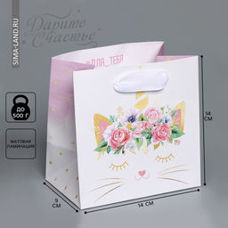 Цена за 2 шт. Пакет подарочный ламинированный квадратный, упаковка, «Кошка‒единорожка», 14 х 14 х 9 см