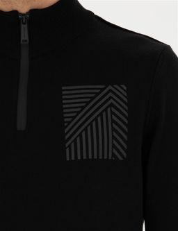 Siyah Slim Fit Fermuarl_ Dik Yaka Triko Kazak