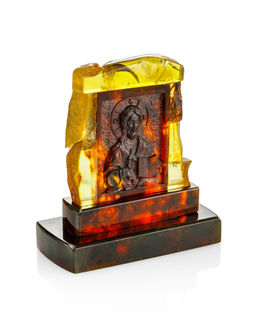 Резная икона из янтаря на подставке Спас