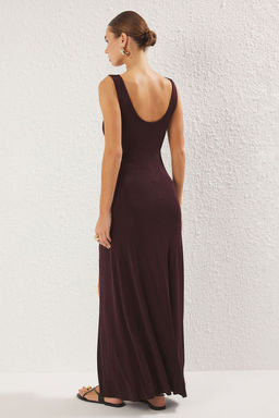 TRENDYOLMILLA Premium Kahverengi Degaje Yaka S?f?r Kol Astarl? Maxi Orme Elbise TWOSS25EL00435 фото 4