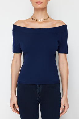 Lacivert Premium/Ozel Iplikli Carmen Yaka Triko Kazak TWOSS24KZ00010 - Trendyolmilla фото 5