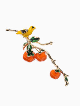 Брошь «Птица на ветке» хурма, цвет оранжевый в золоте