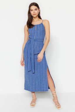 Indigo Kusakl? Duz Kesim Y?rtmac Detayl? Midi Dokuma Elbise TWOSS23EL02229 - Trendyolmilla фото 2