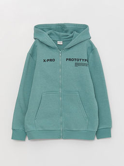 Kap??onlu Bask?l? Uzun Kollu Erkek ?ocuk Fermuarl? Sweatshirt