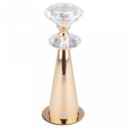 Подсвечник стеклянный "Диамант" h22см, чаша д7см, h3,5см, нескользящее основание д8см, металлическая ножка, золотой, в коробке (Китай)