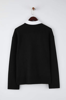 Siyah Yeni Oversize/Genis Kesim Nak?s Detayl? Kal?n Polo Yaka Sweatshirt TMNAW26SW00027 - Trendyolmilla фото 4
