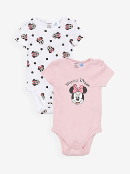 Bisiklet Yaka K?sa Kollu Minnie Mouse Bask?l? K?z Bebek ??t??tl? Body 2li