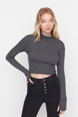 Trendyolmilla Zumrut Yesili Fitted/Vucuda Oturan Bal?kc? Yaka Parmak Detayl? Fitilli Esnek Orme Bluz TWOAW21BZ0071 фото 33