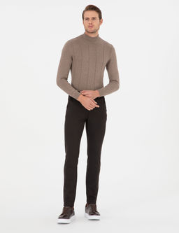 Kahverengi Slim Fit _izgili Kanvas Pantolon