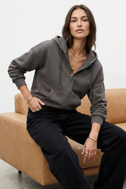 Antrasit Oversize/Rahat Kesim Basic Kapusonlu Fermuarl? Kal?n Ici Polarl