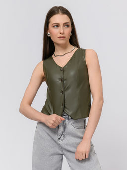 Жилет цвета хаки из искусственной кожи на пуговицах - 1001dress фото 2