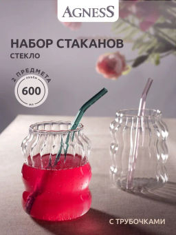 НАБОР СТАКАНОВ ИЗ 2-Х ШТ. СО СТЕКЛ. ТРУБОЧКАМИ 600 МЛ