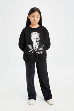 Толстовка оверсайз с широким кроем и круглым вырезом для девочек с принтом Ататюрка - Defacto фото 2