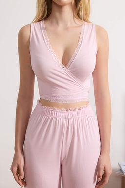 Pembe Kruvaze Dantel Detayl? Viskon Orme Pijama Tak?m? THMSS26PT00061 - Trendyolmilla фото 3