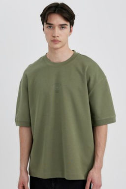 Loose Fit Bisiklet Yaka Bask?l? K?sa Kollu Ag?r Kumas Tisort