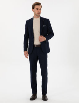 Lacivert Slim Fit _izgili K_rlang__ Yaka Tak_m Elbise