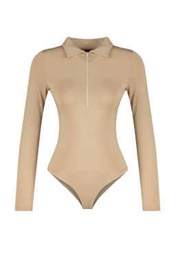 Bej Fermuar Yaka Detayl? C?tc?tl? Esnek Orme Body TWOAW24BD00005