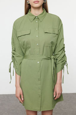 Haki Cep ve Buzgu Detayl? Mini Dokuma Gomlek Elbise TWOAW25EL00187