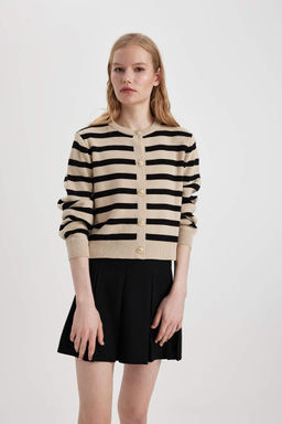Полосатый кардиган обычного кроя с круглым вырезом - Defacto фото 5