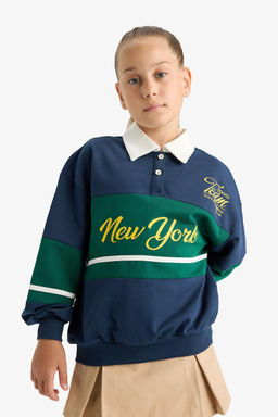 %100 Pamuk Relax Fit Polo Yaka Bask_l_ Okul Sweatshirt K_z _ocuk - Defacto фото 6