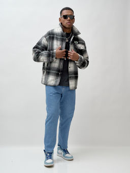 Куртка рубашка шерстяная в клетку мужская демисезонная темно-серого цвета 58592TC