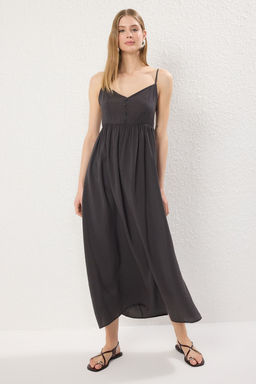 Trendyolmilla Antrasit Etegi Belden Ac?lan Maxi Modal Dokuma Elbise TWOSS25EL00624