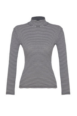 Ekru Siyah Cizgili Fitted/Vucuda Oturan Dik Yaka Uzun Kol Fitilli Esnek Orme Bluz TWOAW21BZ0423