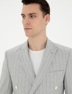 Gri Ekstra Slim Fit _izgili Kruvaze Tak_m Elbise