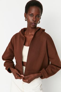 TRENDYOLMILLA Ekru Basic Fermuarl? Kapusonlu Crop Kal?n Ici Polarl? Orme Sweatshirt TWOAW20SW0660  фото 15