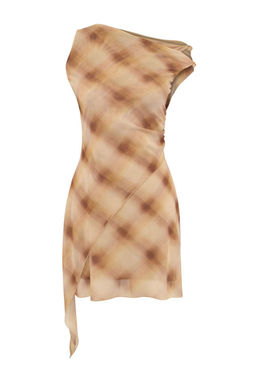 Limited Edition Cok Renkli Ekose Bodycon Asimetrik Yaka Kolsuz Tul Orme Elbise TWOSS26EL00406