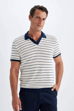 Полосатая трикотажная футболка-поло обычного кроя с короткими рукавами - Defacto фото 4