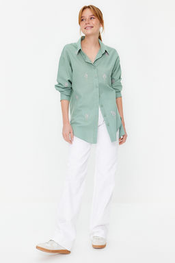 TRENDYOLMILLA Ekru Cicek Nak?s Detayl? Pamuklu Oversize Genis Kesim Dokuma Gomlek TWOSS22GO0246 фото 2
