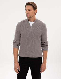 A__k Gri Melanj Slim Fit Dik Yaka Fermuarl_ Triko Kazak