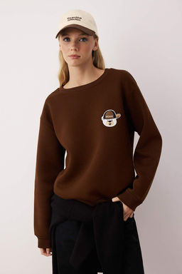 Kahverengi Kal?n Polarl? Bisiklet Yaka Ay? Nak?sl? Normal Kesim Orme Sweatshirt TWOAW26SW00091