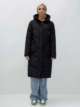 Пальто утепленное стеганное зимнее с капюшоном женское черного цвета 9639Ch - Mtforce фото 2