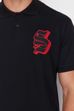 Siyah Oversize/Genis Kesim Harf Nak?sl? Polo Yaka T-shirt TMNSS24PO00025