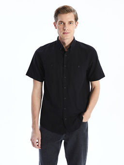 Regular Fit K?sa Kollu Keten G?r?n?ml? Erkek G?mlek