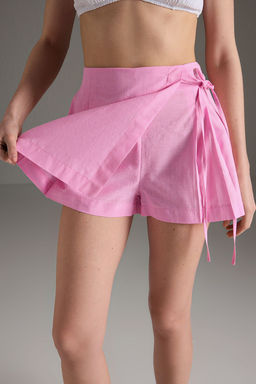 Pembe Dokuma Baglama Detayl? 100% Pamuk Plaj Sort Etek TBESS25SR00016
