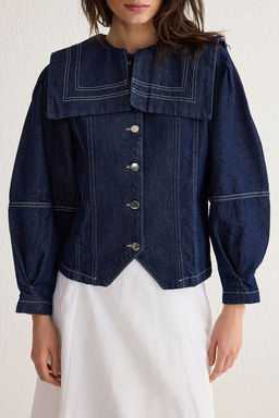 Koyu Mavi Denizci Yaka Detayl? Kontrast Dikisli Denim Gomlek Ceket TWOSS25CE00003