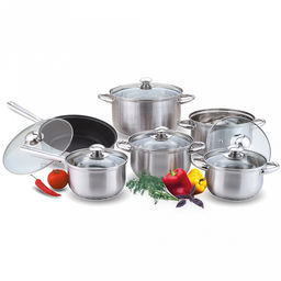 Набор кастрюль из нержавеющей стали "Kelli" 6 предметов: кастрюля 2л д16см, 2,6л д18см, 3,6л д20см, 6,1л д24см, ковш 2л д16см, сковорода с антипригарным покрытием д24см, стеклянная жаропрочная крышка, пароотвод, ручки из нержавеющей стали, 5-ти слойн