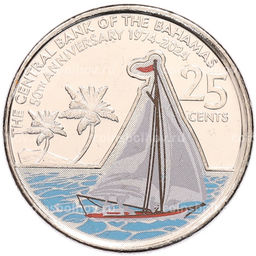 Монета 25 центов 2024 года Багамские острова 50 лет Центральному банку Багамских Островов