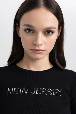 Приталенная футболка с длинным рукавом и круглым вырезом в рубчик с принтом - Defacto фото 6