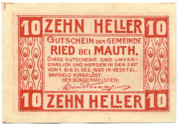10 геллеров 1920 года Австрия Рид-бай-Маутхаузен (нотгельд)