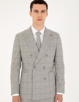 Gri Ex. Slim Fit Ekose Kruvaze Tak_m Elbise