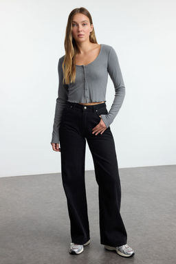 Gri Fitted/Vucuda Oturan Havuz Yaka Esnek Orme Bluz TWOAW25BZ00231 - Trendyolmilla фото 2