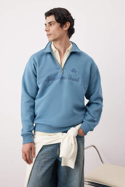 Mavi Oversize/Genis Kesim Polo Yaka Nak?sl? Kal?n Ici Sardonlu Sweatshirt TMNAW26SW00011 - Trendyolmilla фото 2